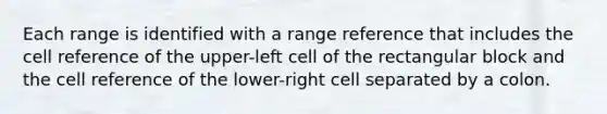 Each range is identified with a range reference that includes the cell reference of the upper-left cell of the rectangular block and the cell reference of the lower-right cell separated by a colon.