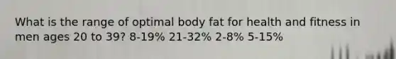 What is the range of optimal body fat for health and fitness in men ages 20 to 39? 8-19% 21-32% 2-8% 5-15%