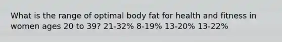 What is the range of optimal body fat for health and fitness in women ages 20 to 39? 21-32% 8-19% 13-20% 13-22%