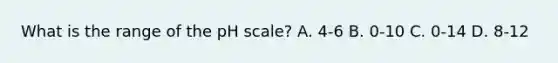 What is the range of the pH scale? A. 4-6 B. 0-10 C. 0-14 D. 8-12