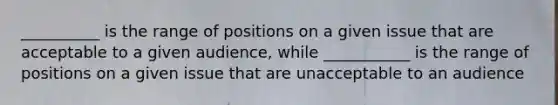 __________ is the range of positions on a given issue that are acceptable to a given audience, while ___________ is the range of positions on a given issue that are unacceptable to an audience