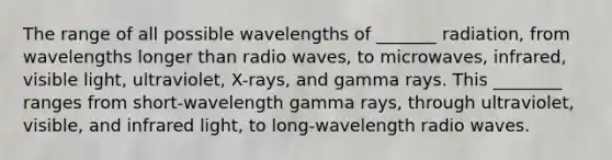 The range of all possible wavelengths of _______ radiation, from wavelengths longer than radio waves, to microwaves, infrared, visible light, ultraviolet, X-rays, and gamma rays. This ________ ranges from short-wavelength gamma rays, through ultraviolet, visible, and infrared light, to long-wavelength radio waves.