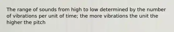 The range of sounds from high to low determined by the number of vibrations per unit of time; the more vibrations the unit the higher the pitch