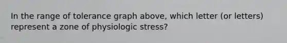 In the range of tolerance graph above, which letter (or letters) represent a zone of physiologic stress?