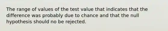 The range of values of the test value that indicates that the difference was probably due to chance and that the null hypothesis should no be rejected.