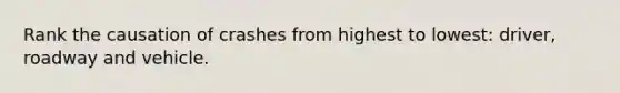 Rank the causation of crashes from highest to lowest: driver, roadway and vehicle.