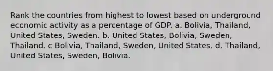 Rank the countries from highest to lowest based on underground economic activity as a percentage of GDP. a. Bolivia, Thailand, United States, Sweden. b. United States, Bolivia, Sweden, Thailand. c Bolivia, Thailand, Sweden, United States. d. Thailand, United States, Sweden, Bolivia.