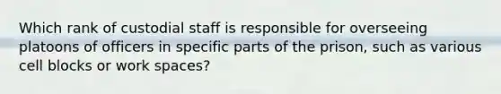 Which rank of custodial staff is responsible for overseeing platoons of officers in specific parts of the prison, such as various cell blocks or work spaces?