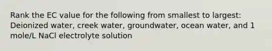 Rank the EC value for the following from smallest to largest: Deionized water, creek water, groundwater, ocean water, and 1 mole/L NaCl electrolyte solution