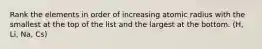 Rank the elements in order of increasing atomic radius with the smallest at the top of the list and the largest at the bottom. (H, Li, Na, Cs)