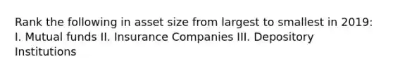 Rank the following in asset size from largest to smallest in 2019: I. Mutual funds II. Insurance Companies III. Depository Institutions