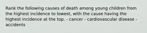 Rank the following causes of death among young children from the highest incidence to lowest, with the cause having the highest incidence at the top. - cancer - cardiovascular disease - accidents