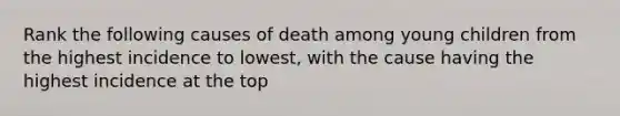 Rank the following causes of death among young children from the highest incidence to lowest, with the cause having the highest incidence at the top