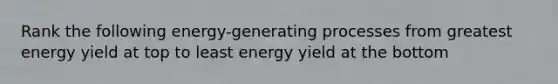 Rank the following energy-generating processes from greatest energy yield at top to least energy yield at the bottom