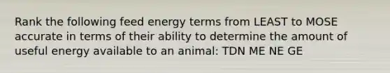 Rank the following feed energy terms from LEAST to MOSE accurate in terms of their ability to determine the amount of useful energy available to an animal: TDN ME NE GE