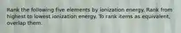 Rank the following five elements by ionization energy. Rank from highest to lowest ionization energy. To rank items as equivalent, overlap them.