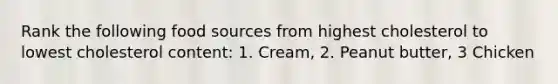 Rank the following food sources from highest cholesterol to lowest cholesterol content: 1. Cream, 2. Peanut butter, 3 Chicken