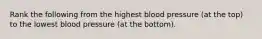 Rank the following from the highest blood pressure (at the top) to the lowest blood pressure (at the bottom).