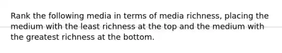 Rank the following media in terms of media richness, placing the medium with the least richness at the top and the medium with the greatest richness at the bottom.