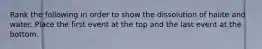 Rank the following in order to show the dissolution of halite and water. Place the first event at the top and the last event at the bottom.