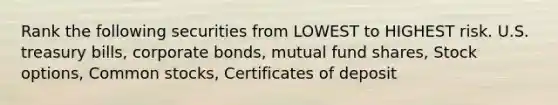 Rank the following securities from LOWEST to HIGHEST risk. U.S. treasury bills, corporate bonds, mutual fund shares, Stock options, Common stocks, Certificates of deposit