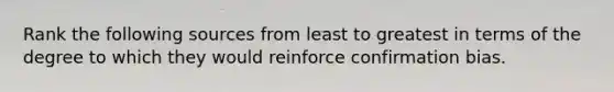 Rank the following sources from least to greatest in terms of the degree to which they would reinforce confirmation bias.