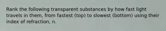 Rank the following transparent substances by how fast light travels in them, from fastest (top) to slowest (bottom) using their index of refraction, n.