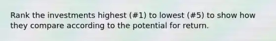 Rank the investments highest (#1) to lowest (#5) to show how they compare according to the potential for return.