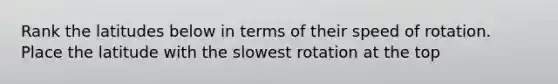 Rank the latitudes below in terms of their speed of rotation. Place the latitude with the slowest rotation at the top