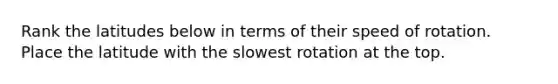 Rank the latitudes below in terms of their speed of rotation. Place the latitude with the slowest rotation at the top.