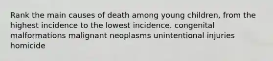 Rank the main causes of death among young children, from the highest incidence to the lowest incidence. congenital malformations malignant neoplasms unintentional injuries homicide