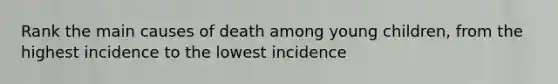 Rank the main causes of death among young children, from the highest incidence to the lowest incidence