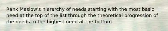 Rank Maslow's hierarchy of needs starting with the most basic need at the top of the list through the theoretical progression of the needs to the highest need at the bottom.