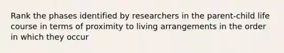 Rank the phases identified by researchers in the parent-child life course in terms of proximity to living arrangements in the order in which they occur