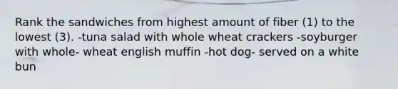 Rank the sandwiches from highest amount of fiber (1) to the lowest (3). -tuna salad with whole wheat crackers -soyburger with whole- wheat english muffin -hot dog- served on a white bun