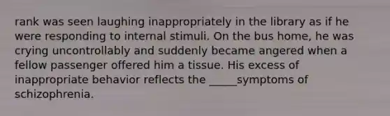 rank was seen laughing inappropriately in the library as if he were responding to internal stimuli. On the bus home, he was crying uncontrollably and suddenly became angered when a fellow passenger offered him a tissue. His excess of inappropriate behavior reflects the _____symptoms of schizophrenia.