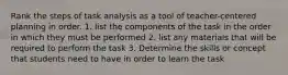 Rank the steps of task analysis as a tool of teacher-centered planning in order. 1. list the components of the task in the order in which they must be performed 2. list any materials that will be required to perform the task 3. Determine the skills or concept that students need to have in order to learn the task