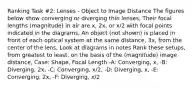 Ranking Task #2: Lenses - Object to Image Distance The figures below show converging or diverging thin lenses, Their focal lengths (magnitude) in air are x, 2x, or x/2 with focal points indicated in the diagrams, An object (not shown) is placed in front of each optical system at the same distance, 3x, from the center of the lens, Look at diagrams in notes Rank these setups, from greatest to least, on the basis of the (magnitude) image distance, Case: Shape, Focal Length -A: Converging, x, -B: Diverging, 2x, -C: Converging, x/2, -D: Diverging, x, -E: Converging, 2x, -F: Diverging, x/2