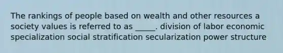 The rankings of people based on wealth and other resources a society values is referred to as _____. division of labor economic specialization social stratification secularization power structure