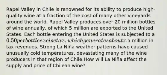 Rapel Valley in Chile is renowned for its ability to produce high-quality wine at a fraction of the cost of many other vineyards around the world. Rapel Valley produces over 20 million bottles of wine annually, of which 5 million are exported to the United States. Each bottle entering the United States is subjected to a 0.50 per bottle excise tax, which generates about2.5 million in tax revenues. Strong La Niña weather patterns have caused unusually cold temperatures, devastating many of the wine producers in that region of Chile.How will La Niña affect the supply and price of Chilean wine?