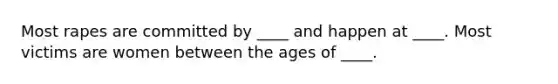 Most rapes are committed by ____ and happen at ____. Most victims are women between the ages of ____.