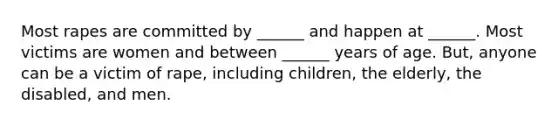 Most rapes are committed by ______ and happen at ______. Most victims are women and between ______ years of age. But, anyone can be a victim of rape, including children, the elderly, the disabled, and men.