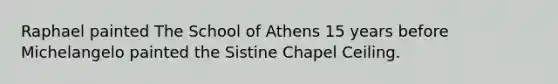 Raphael painted The School of Athens 15 years before Michelangelo painted the Sistine Chapel Ceiling.