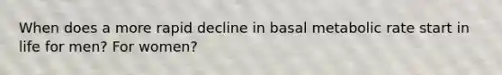 When does a more rapid decline in basal metabolic rate start in life for men? For women?