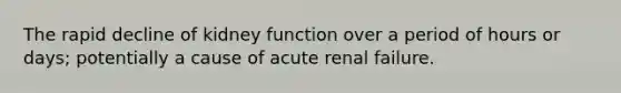 The rapid decline of kidney function over a period of hours or days; potentially a cause of acute renal failure.