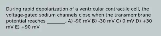 During rapid depolarization of a ventricular contractile cell, the voltage-gated sodium channels close when the transmembrane potential reaches ________. A) -90 mV B) -30 mV C) 0 mV D) +30 mV E) +90 mV