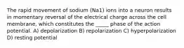 The rapid movement of sodium (Na1) ions into a neuron results in momentary reversal of the electrical charge across the cell membrane, which constitutes the _____ phase of the action potential. A) depolarization B) repolarization C) hyperpolarization D) resting potential