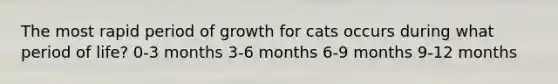 The most rapid period of growth for cats occurs during what period of life? 0-3 months 3-6 months 6-9 months 9-12 months