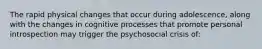 The rapid physical changes that occur during adolescence, along with the changes in cognitive processes that promote personal introspection may trigger the psychosocial crisis of: