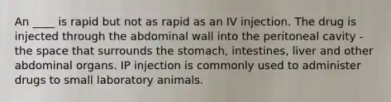 An ____ is rapid but not as rapid as an IV injection. The drug is injected through the abdominal wall into the peritoneal cavity - the space that surrounds the stomach, intestines, liver and other abdominal organs. IP injection is commonly used to administer drugs to small laboratory animals.